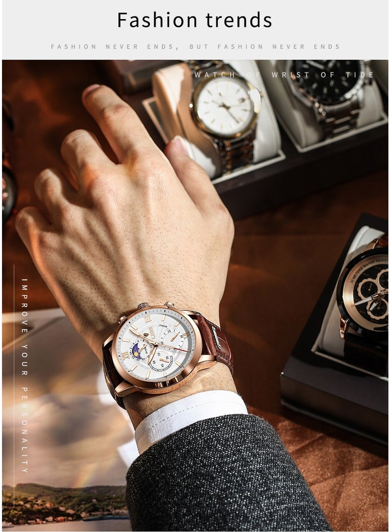 LIGE Waterproof Watches for Men Analog Quartz Watch for Business with Luxury Leather Strap Rose Gold White - Image 5